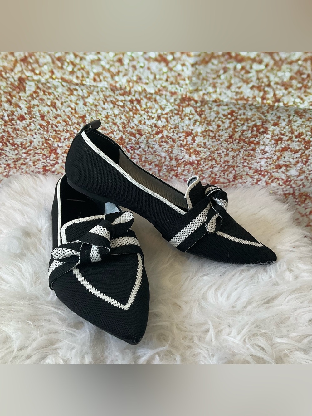 Tahari Black Pointed Knit Flats with White Trim and Knot Accent